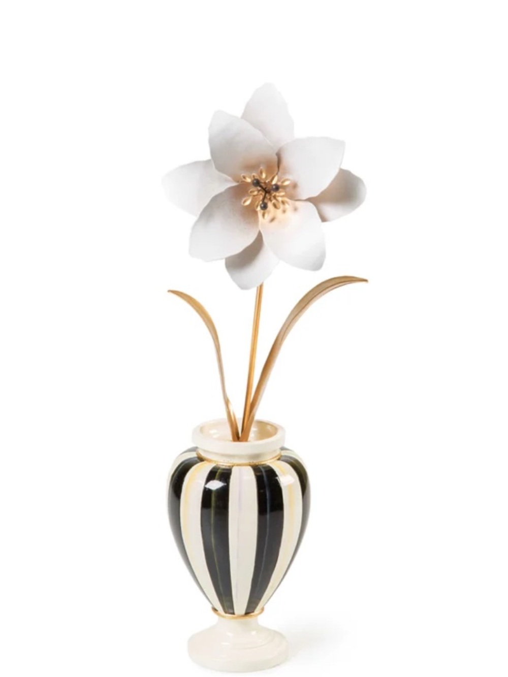 MacKenzie-Childs Black and White Striped Vase with Gold Flower Stem